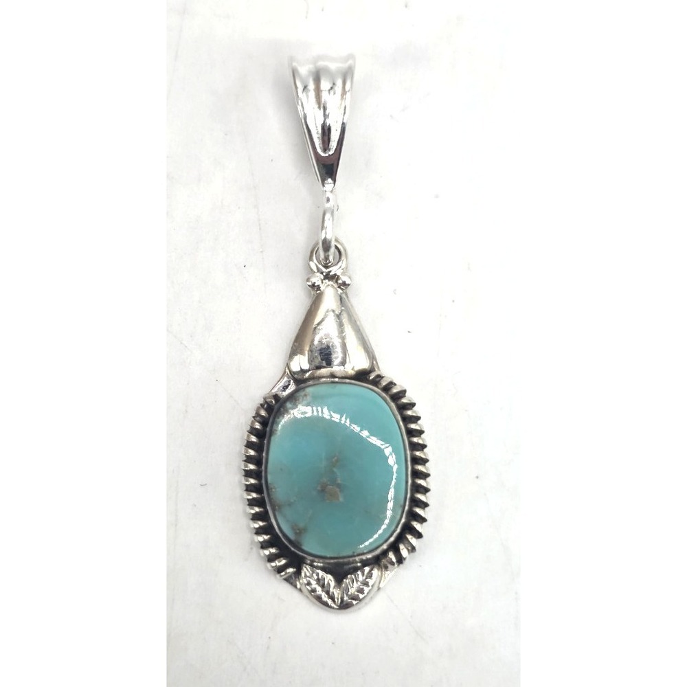 Genuine Turquoise Sterling Silver Oval Pendent 1.5" Oxidized Roped Handmade NWOT